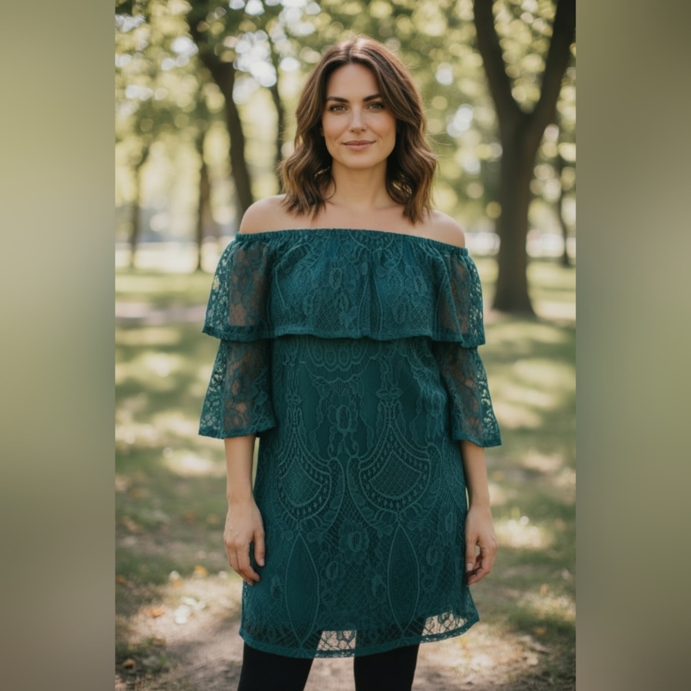 FOURTEEN PLACE Elegant Teal Lace Off-Shoulder Blouse -Dress SIZE Medium
